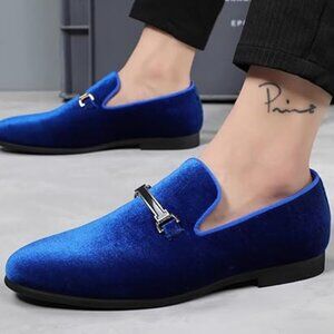 Santimon Men's US 6.5 - 12 Blue Velvet Loafers Horsebit Buckle Moccasin Shoes